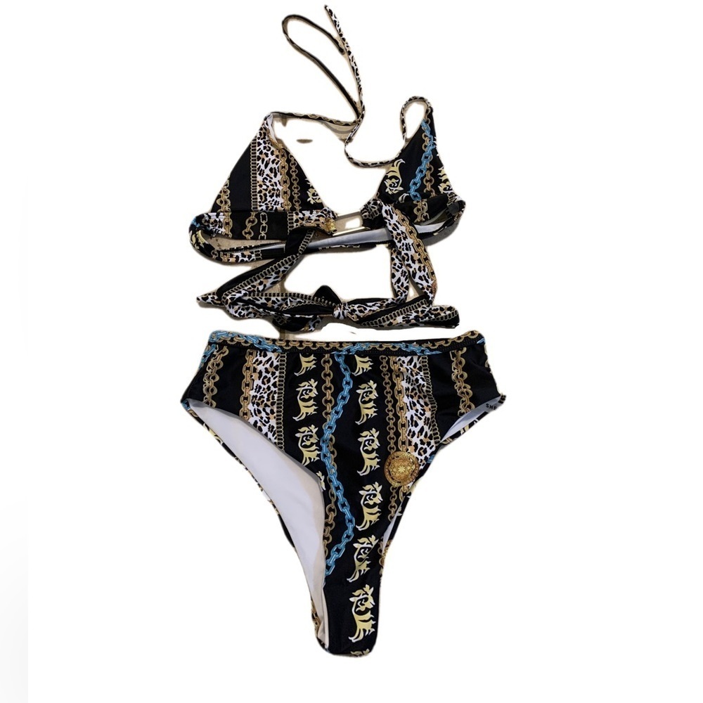 ⚡️Shein Gold Chain and Leopard Print High-Waisted Bikini Set - Size Medium